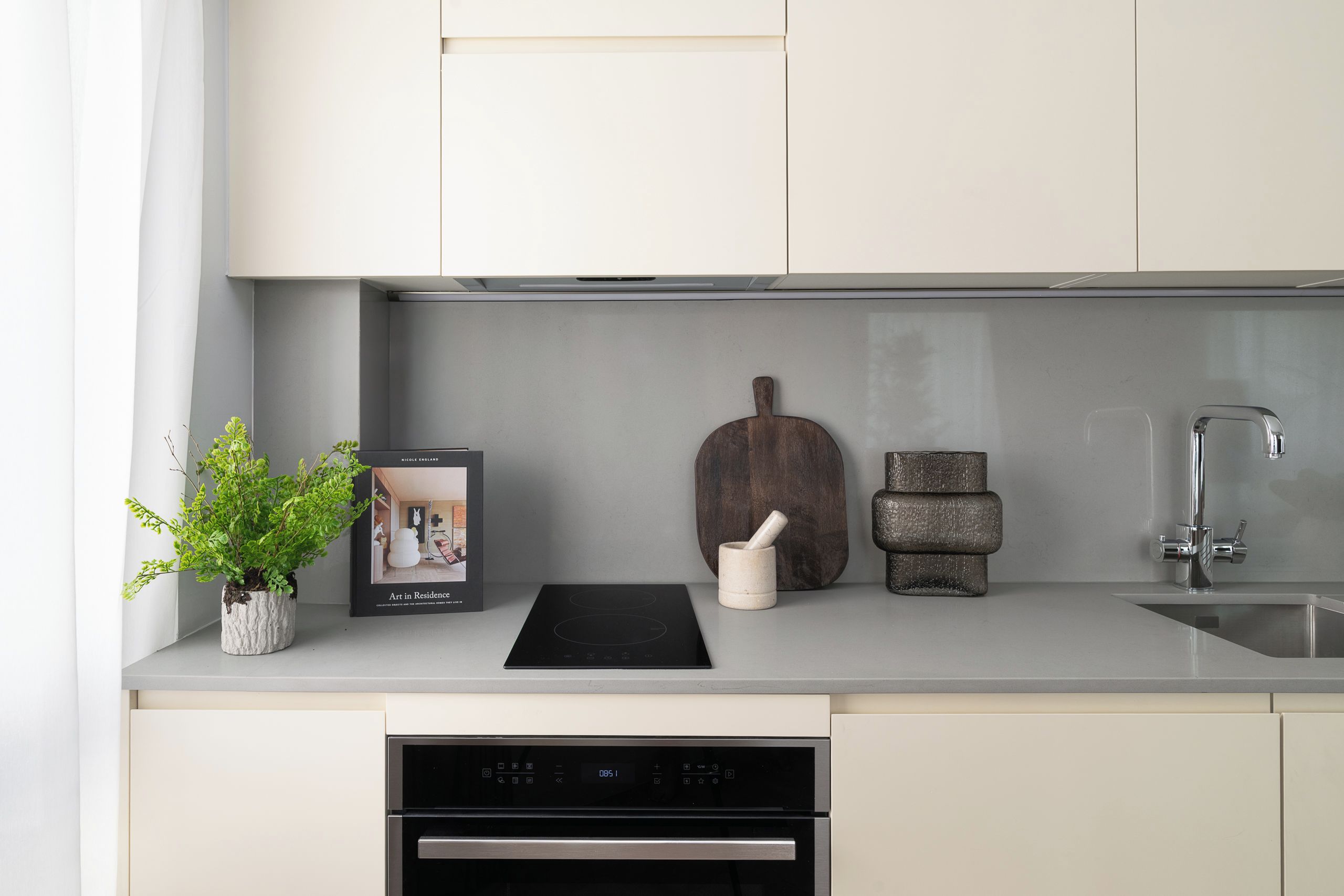 A modern kitchen with a built-in oven, a sink, and a potted plant.