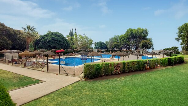 Una piscina con sillas de descanso y sombrillas, rodeada de césped cuidado y árboles.