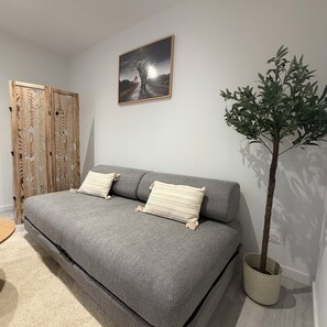A room with a grey sofa, two pillows, a wooden door, a framed picture on the wall, and a potted plant. - 4★ Cozy Apartment in Contrexéville Thermal Baths (Contrexéville)