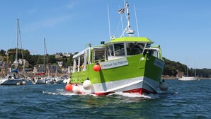 En grön båt med namnet ”LE PASSEUR DU TRIEUX” på sidan, som färdas genom en hamn med andra båtar och byggnader i bakgrunden.