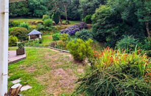 Ein Garten mit einem Gartenhaus, verschiedenen Pflanzen und einer Holzterrasse.