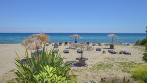 Une plage avec des chaises longues et des parasols en chaume, une plage de sable fin et un ciel bleu dégagé.