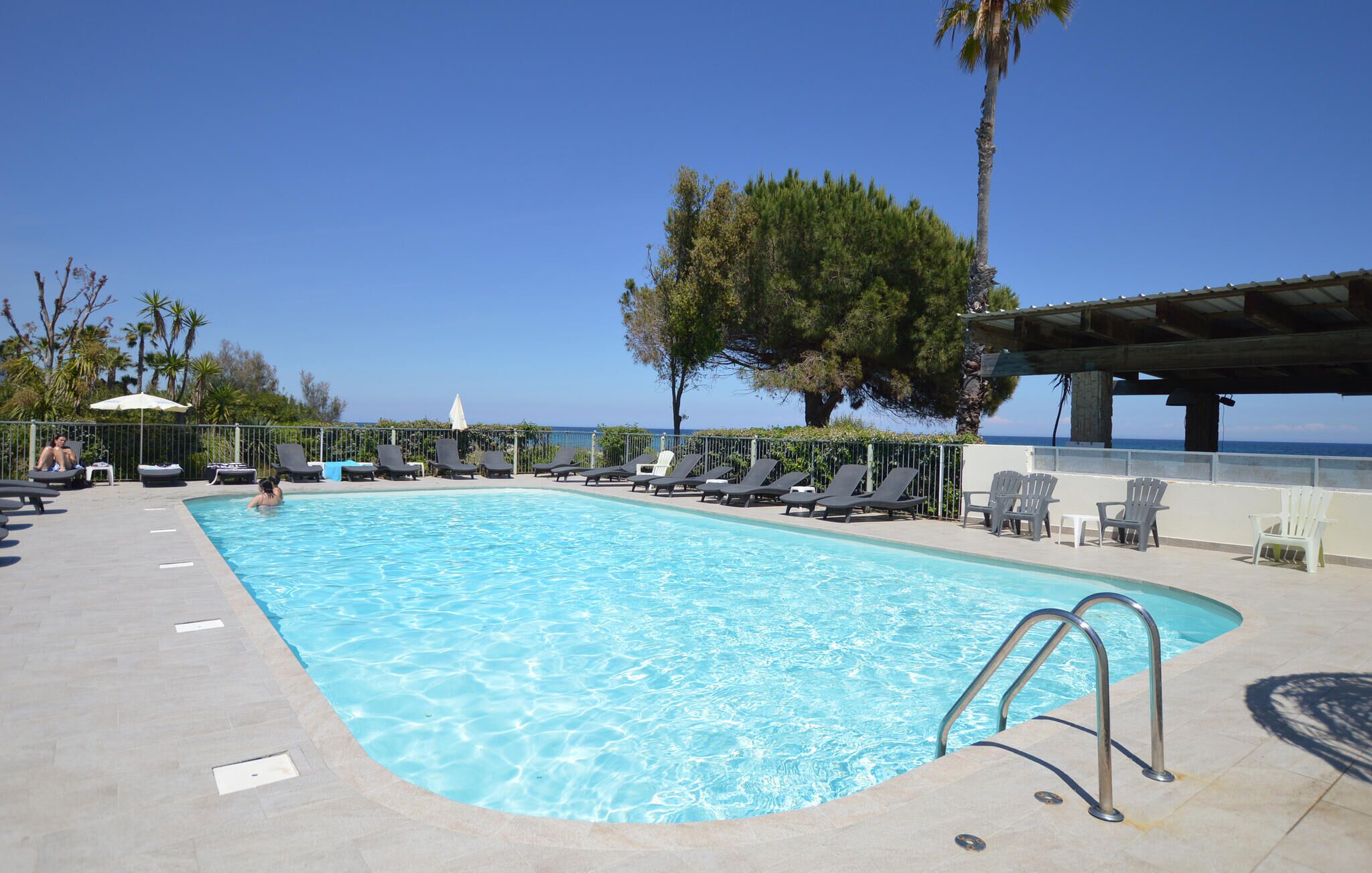 A clear blue pool with lounge chairs and umbrellas, surrounded by trees and a view of the ocean.
