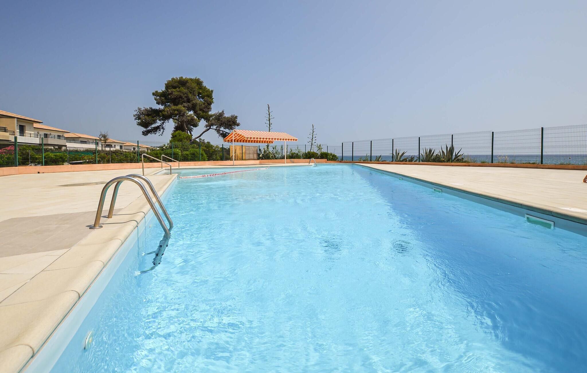 A clear swimming pool with a metal ladder on the left, surrounded by a fence and a building with a tiled roof in the background.