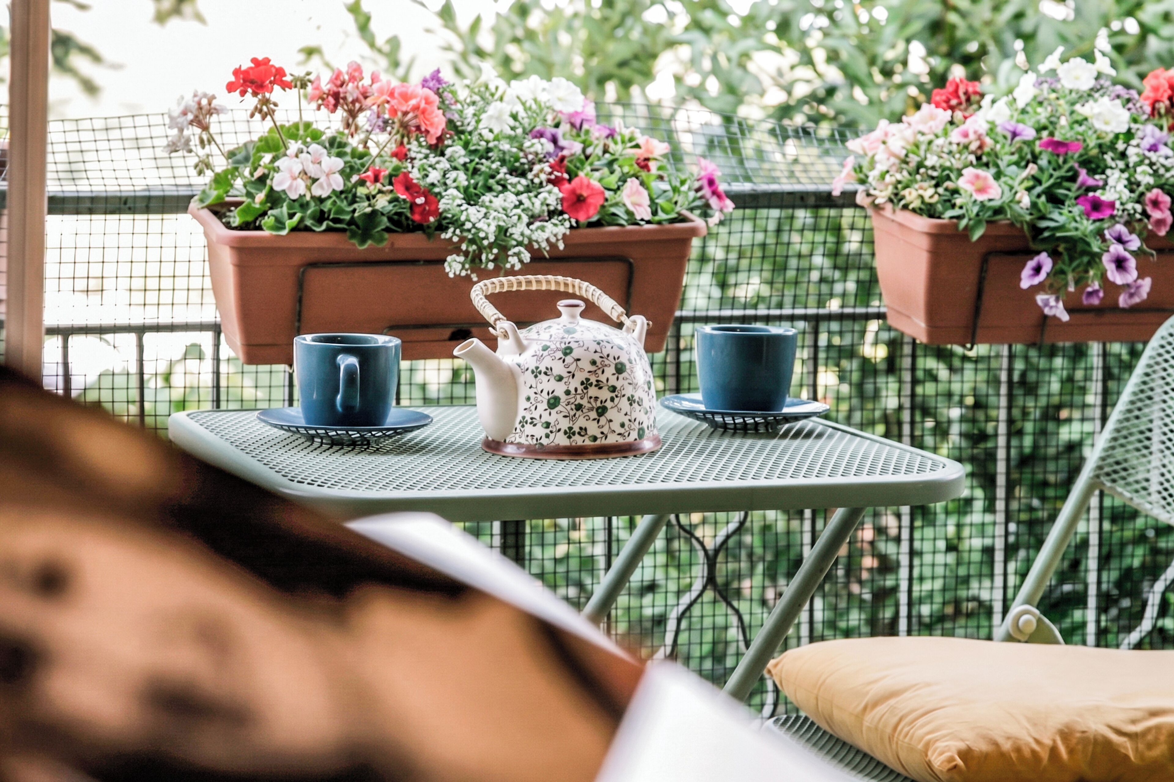 Una mesa metálica con un calentador de agua y dos tazas, rodeada de macetas con flores.