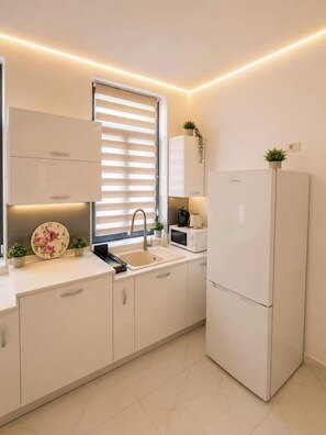 Eine moderne Küche mit Spüle, Arbeitsplatte und Kühlschrank.