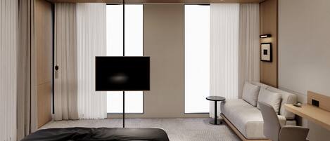 A modern hotel room with a bed, a sofa, a desk, a TV, and a small table.