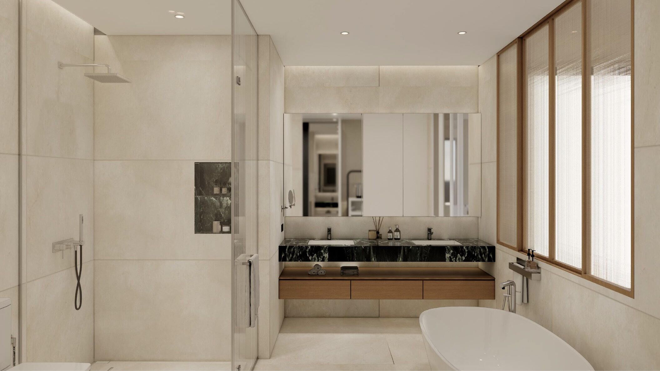 Un baño moderno con ducha a ras de suelo, una bañera independiente y un tocador con un espejo grande.