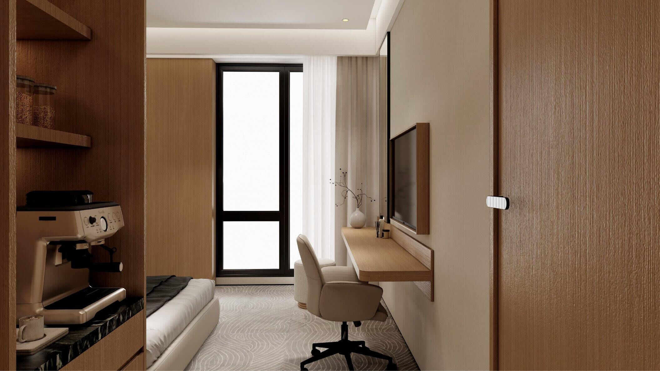 Habitación de hotel con kitchenette, una cama, un escritorio con silla, televisión y un ventanal grande.