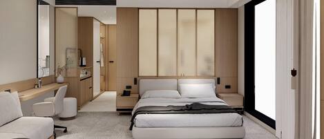 A modern hotel bedroom with a large bed, bedside tables, a desk, and a mirror.