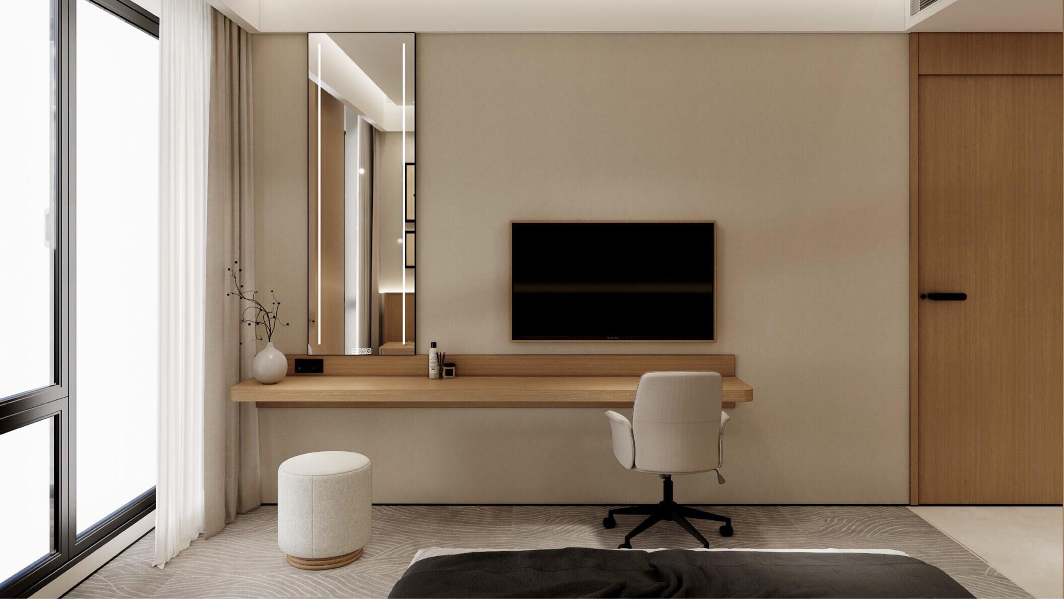 A modern hotel room with a large window, a flat-screen TV mounted on the wall, a wooden desk, a white office chair, and a round ottoman.