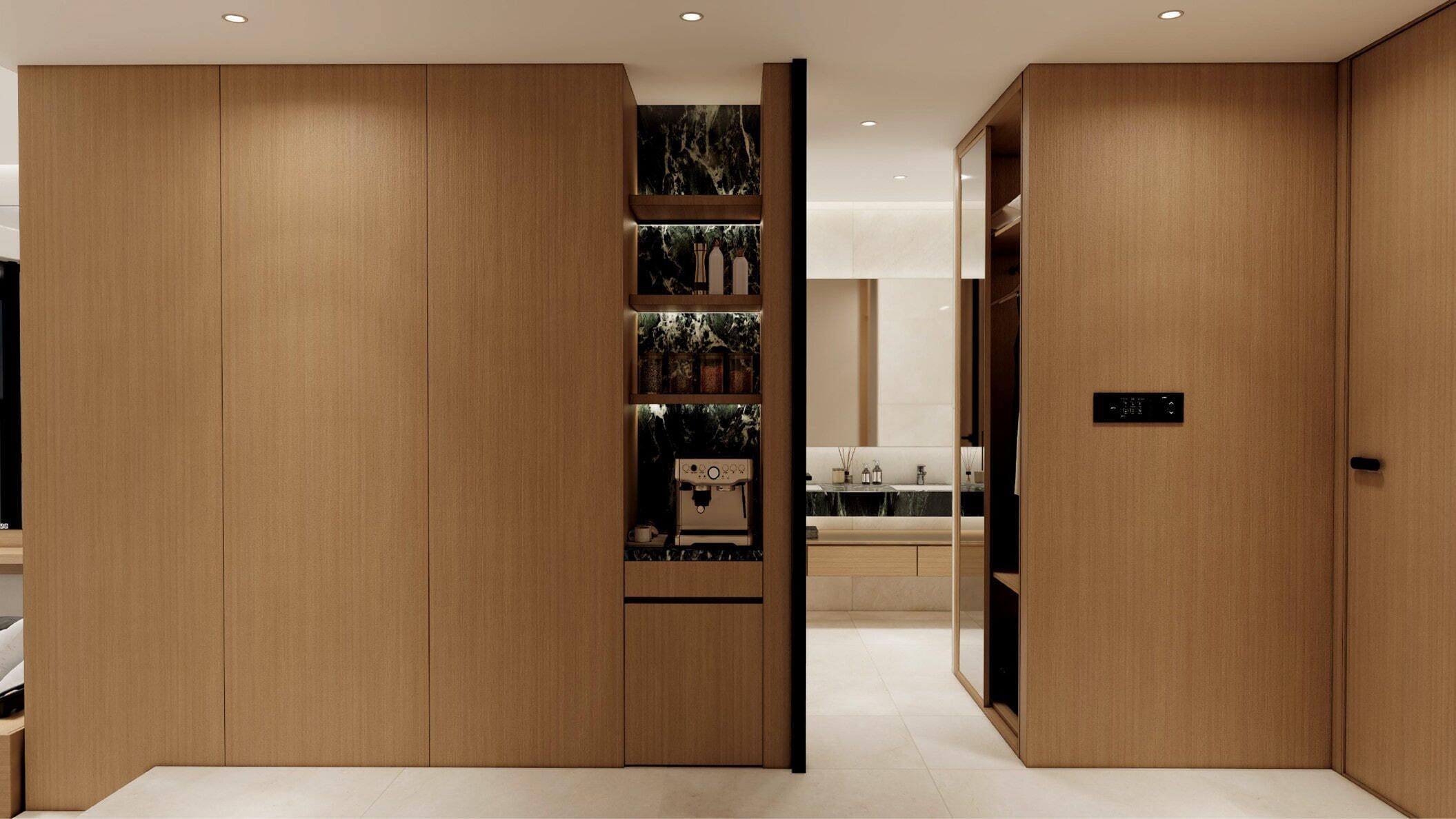 Un interior moderno con paneles de madera y una cafetera integrada.