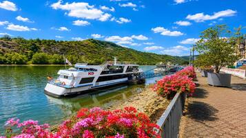 A riverboat docked at a pier with a bridge connecting to the shore, surrounded by greenery and flowers.