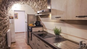 Una cocina con pared de piedra, armarios de madera, estufa integrada y una pequeña planta en maceta.
