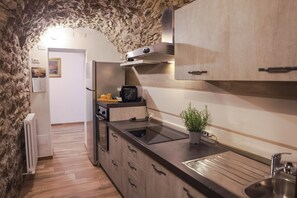 Une cuisine avec un mur en pierre, des placards en bois, une cuisinière encastrée et une petite plante en pot.