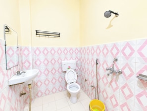 Shower, rainfall showerhead, slippers, towels - Hotel PG on Ganges Near Assi Ghat (Varanasi)