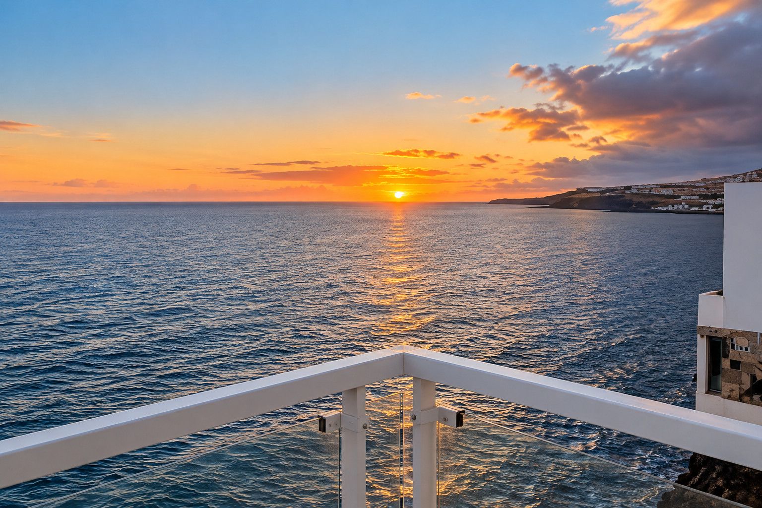 Atardecer sobre el mar con un balcón con vistas al agua.