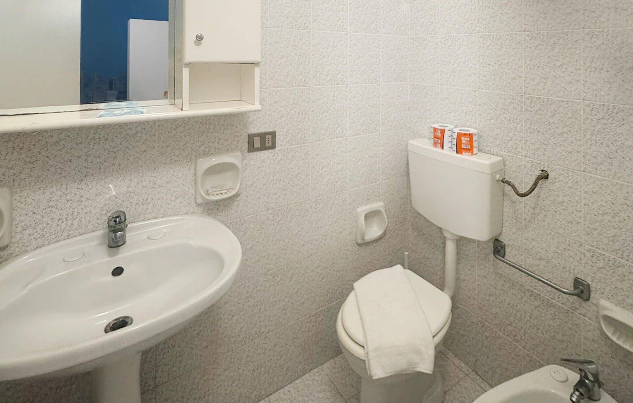 Un baño con lavamanos, inodoro y bidé.