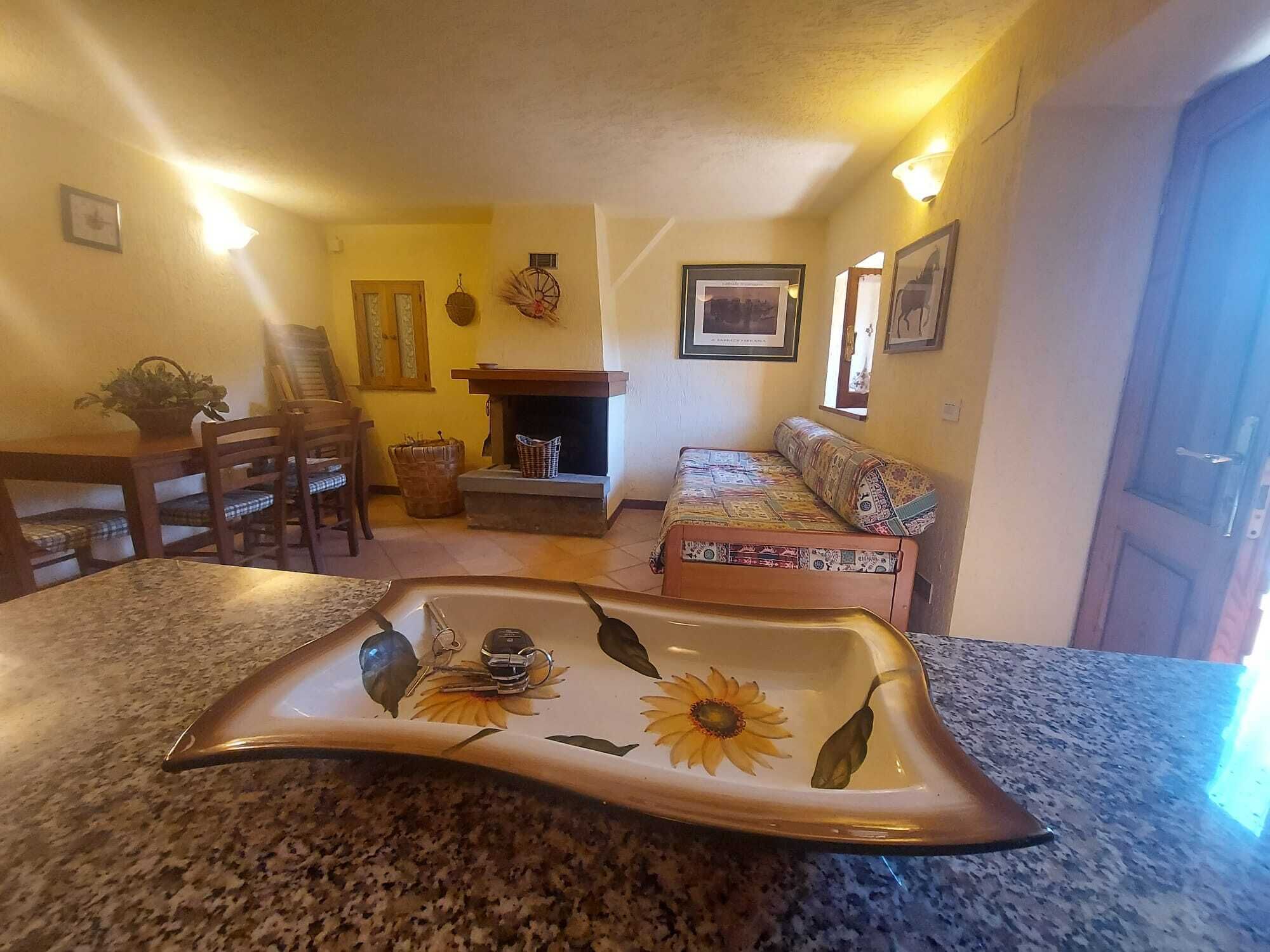 A living room with a fireplace, a sofa, a dining table with chairs, and a kitchen counter with a decorative plate.