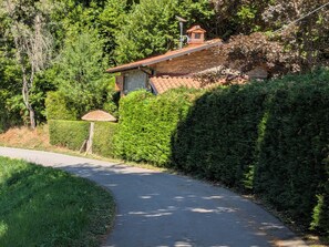 A rural road leading to a stone house with a tiled roof, surrounded by dense greenery.