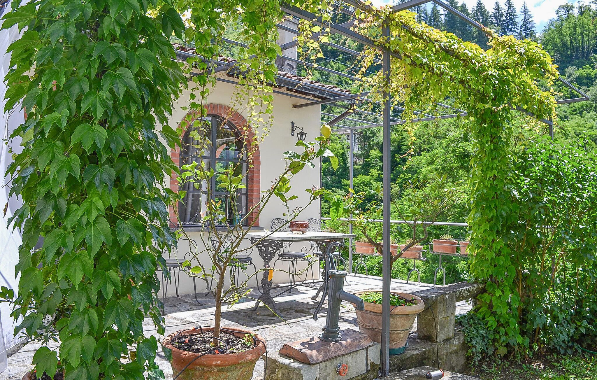 Ein Garten mit Blumentöpfen, einem Tisch und einem Gebäude mit einem Fenster.