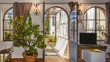 Una stanza con televisione, una pianta in vaso e vista su un giardino attraverso un arco.