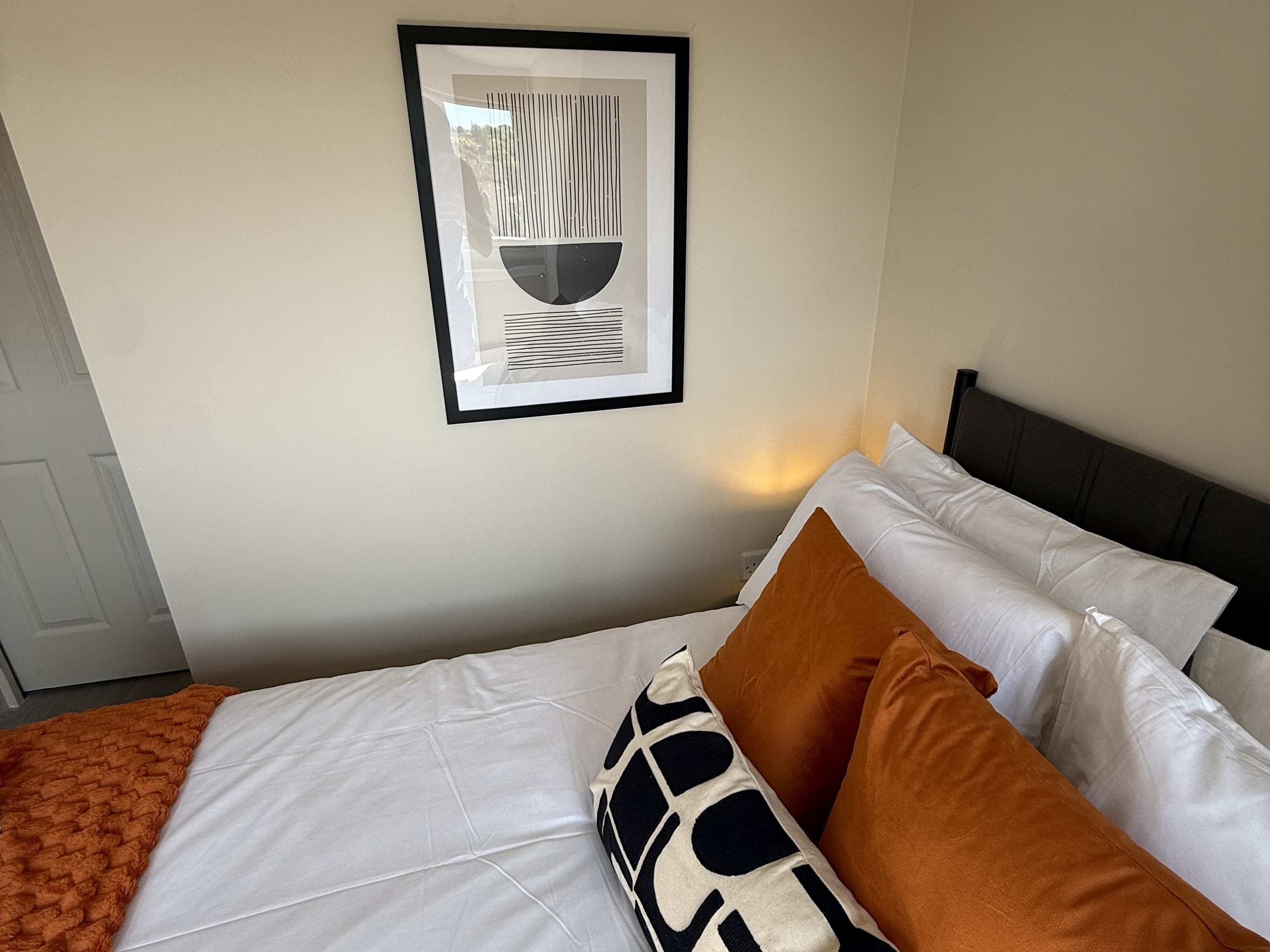 A hotel room with a bed, pillows, a framed picture on the wall, and a door.