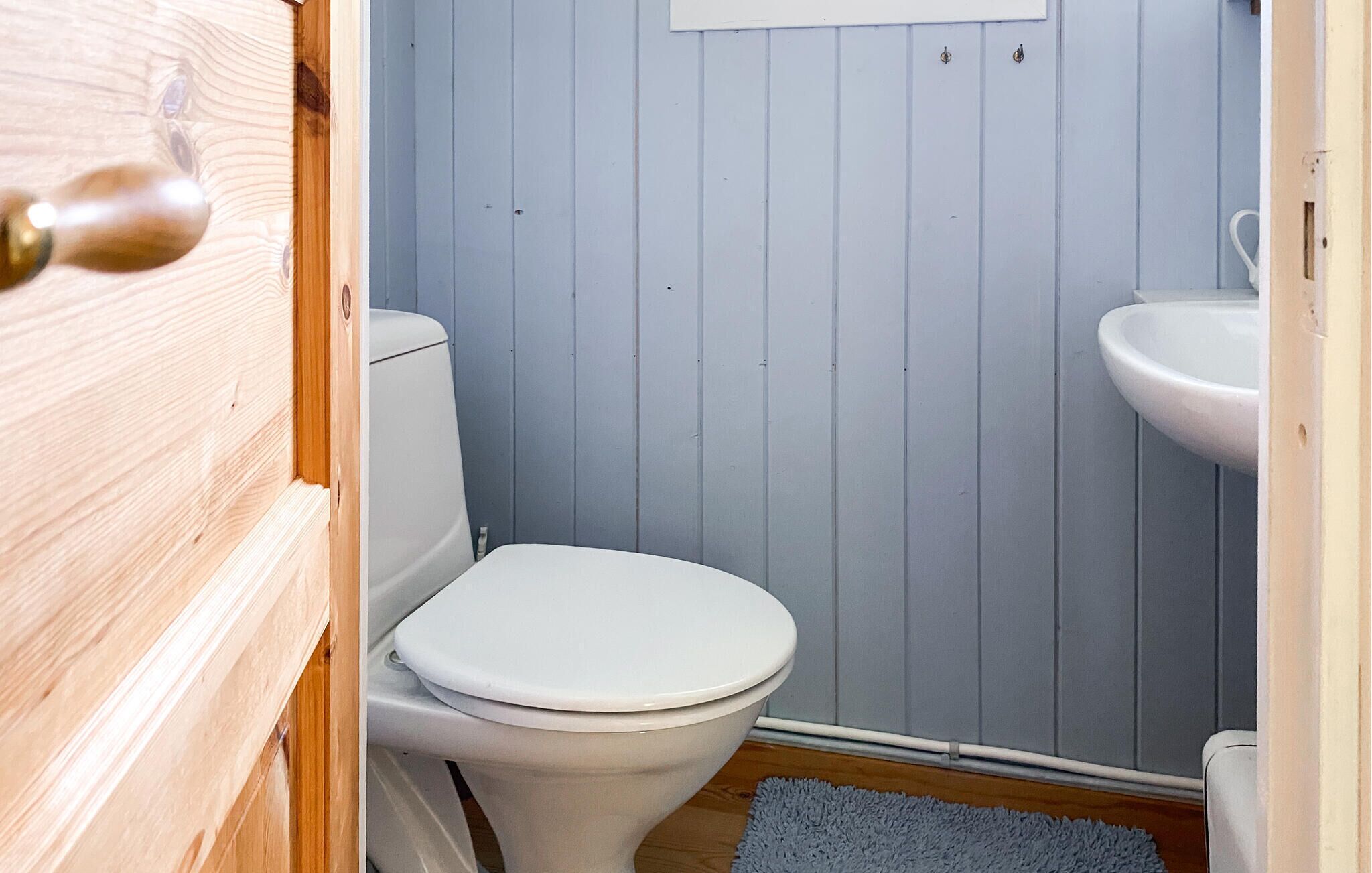 Une salle de bain avec des toilettes, un lavabo et une porte en bois.