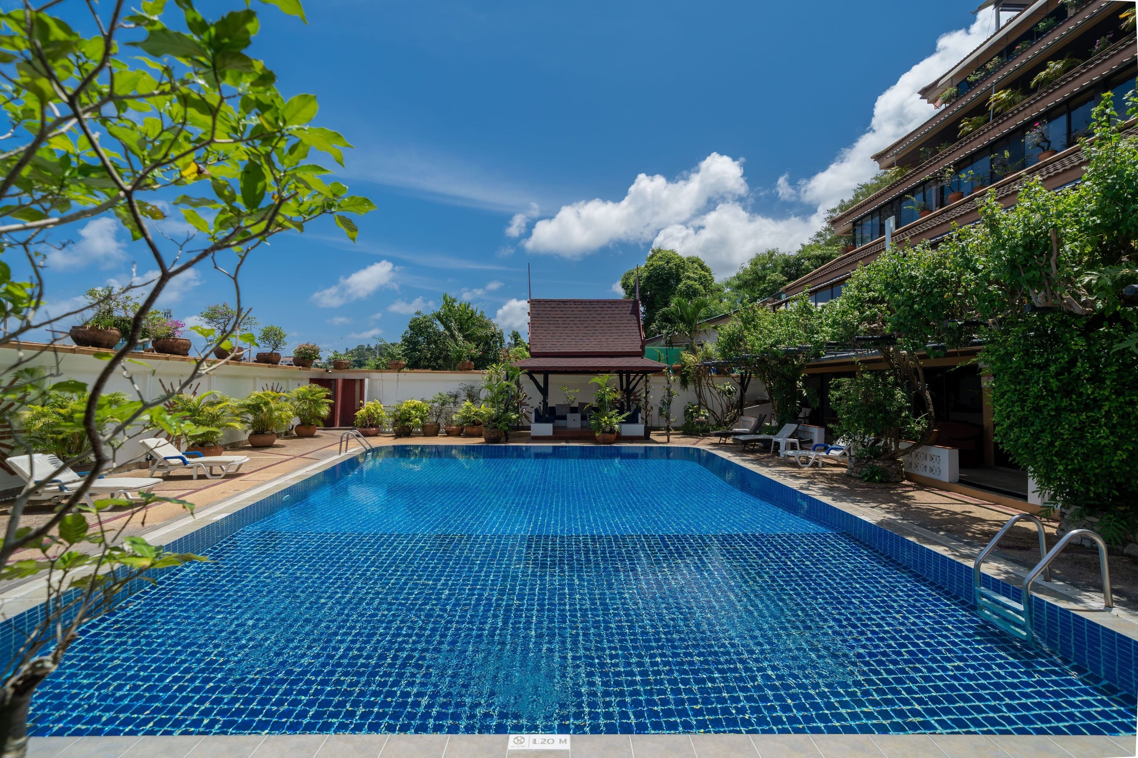 A swimming pool with a tiled deck, surrounded by potted plants and lounge chairs.