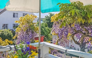 A balcony with a white railing, a white house in the background, and a tree with purple flowers.