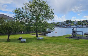 A grassy park area with a large tree, a playground, and a view of a marina with boats.