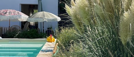 A swimming pool with a tiled edge, surrounded by lush greenery and a building with a white facade and green trim.