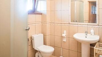 A bathroom with a toilet, sink, and mirror.