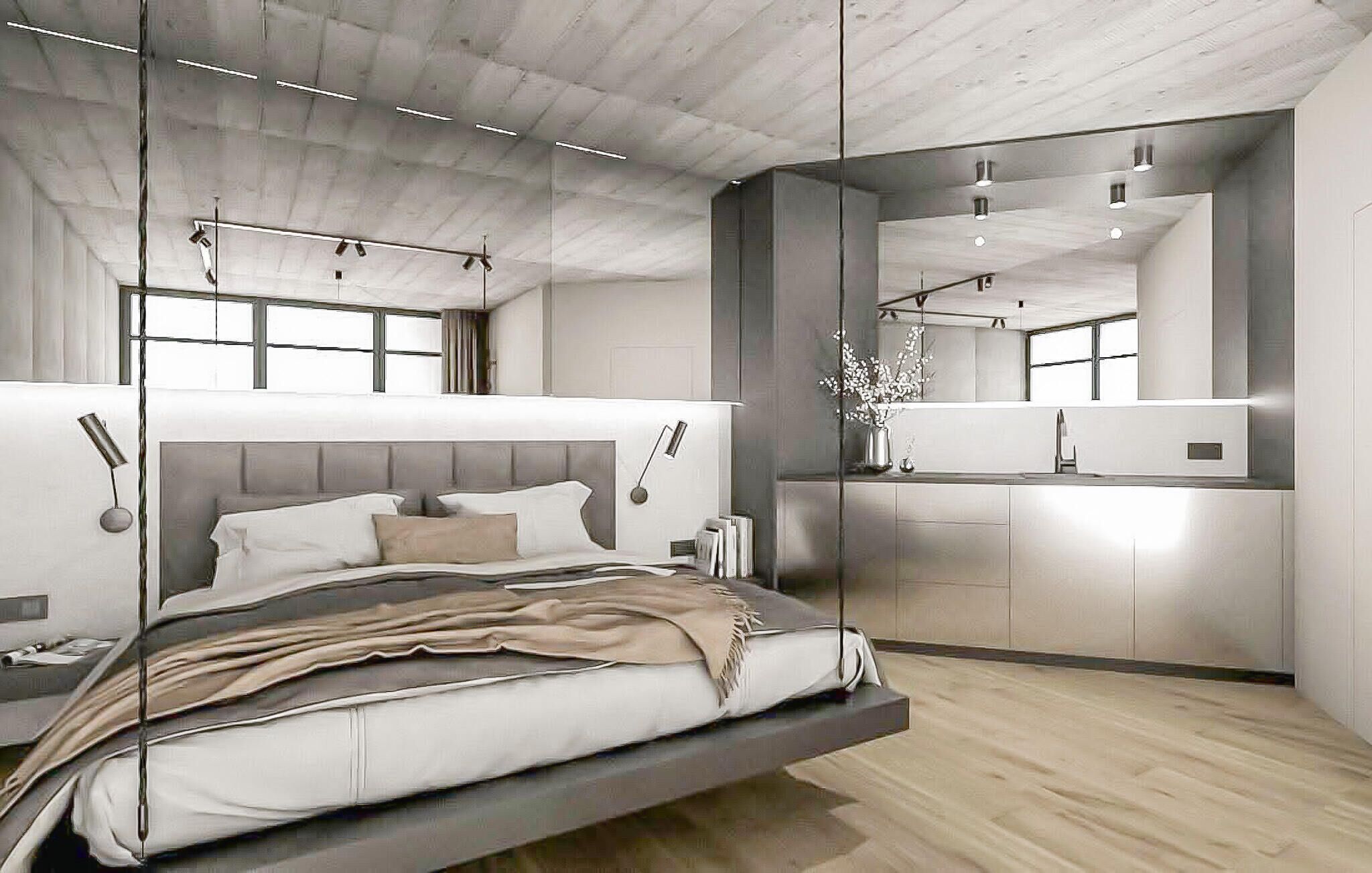 Un dormitorio moderno con una cama suspendida, un espejo grande y un diseño minimalista.