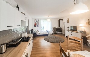 Ein gemütlicher Wohnbereich mit Küchenzeile, einem Bett, einem Fernseher und einer Essecke.