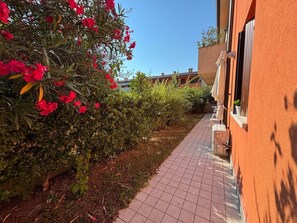 Ein Weg führt zu einem Gebäude mit Fliesenboden und einem Garten mit roten Blüten und grünen Sträuchern.