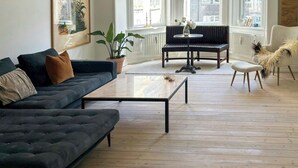 A spacious living room with a dark sofa, a coffee table, and a chair. Large windows allow natural light to fill the room. - Grand 1912 apartment in inner Østerbro (København)