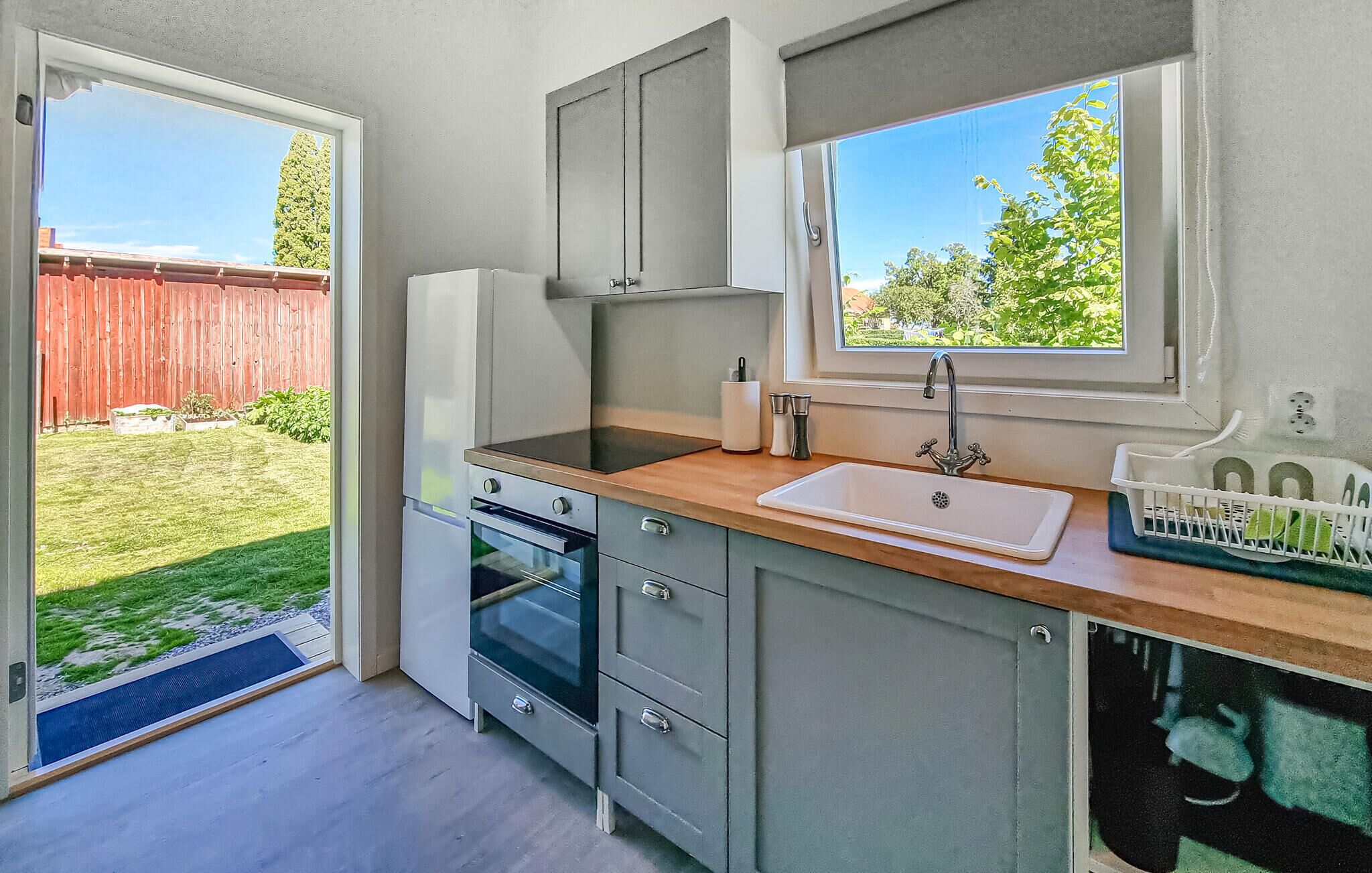 Fridge, microwave, cookware/dishes/utensils