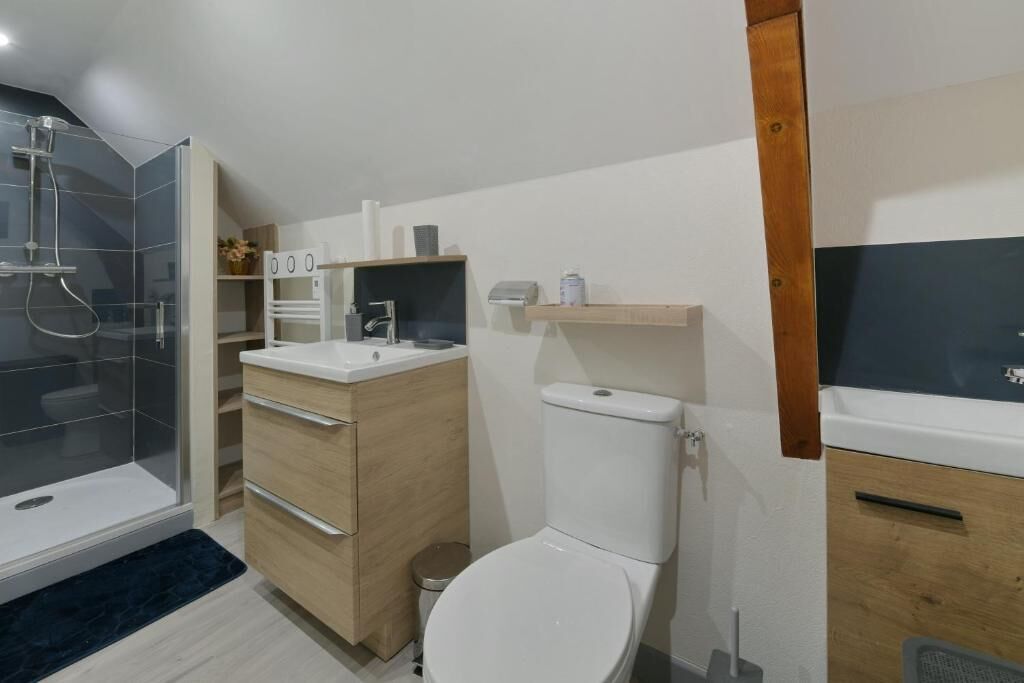 A modern bathroom with a glass shower enclosure, a white toilet, and a wooden vanity with a sink.
