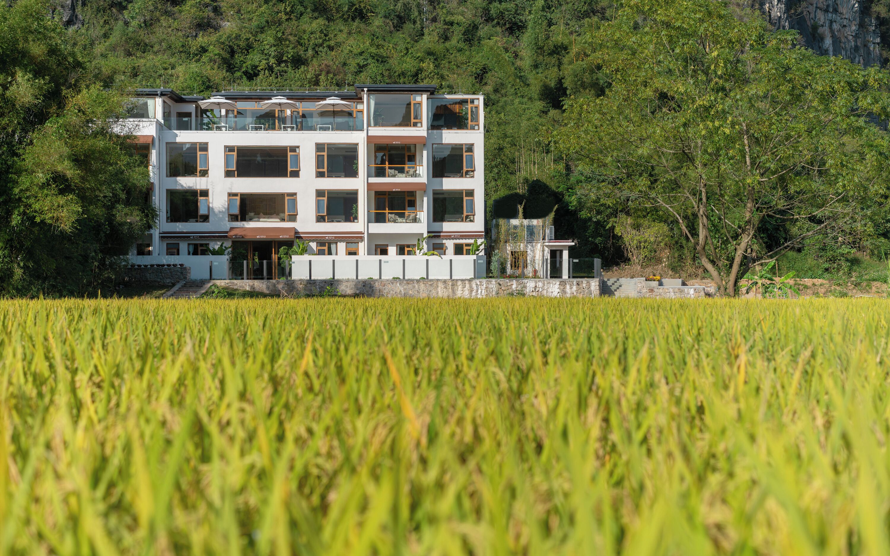 Un edificio de varios pisos con techo plano, rodeado de un paisaje verde exuberante y un campo de cultivo.