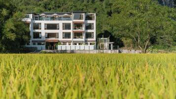 Un edificio de varios pisos con techo plano, rodeado de un paisaje verde exuberante y un campo de cultivo.
