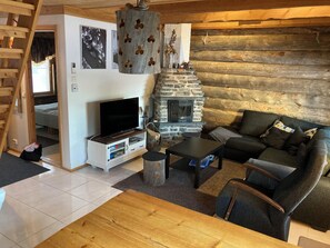 Cabin, 1 Bedroom, Slope side | Living area | 45-inch TV with cable channels, fireplace - Cozy1BR Log Cabin in Levi with Sauna (Kittilä)