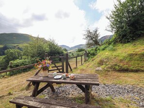 A picnic table with a vase of flowers and a bottle, set against a scenic hillside with a wooden fence. - Frondirion (Machynlleth)