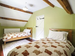 A bedroom with two beds, a sloped ceiling, wooden beams, a white door, and a patterned rug. - Frondirion (Machynlleth)