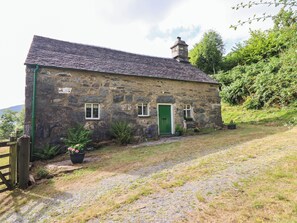 A stone cottage with a green door, a chimney, and a gravel path leading to the entrance. - Frondirion (Machynlleth)