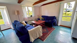 A living room with a blue sofa, a red coffee table, and a patterned rug.