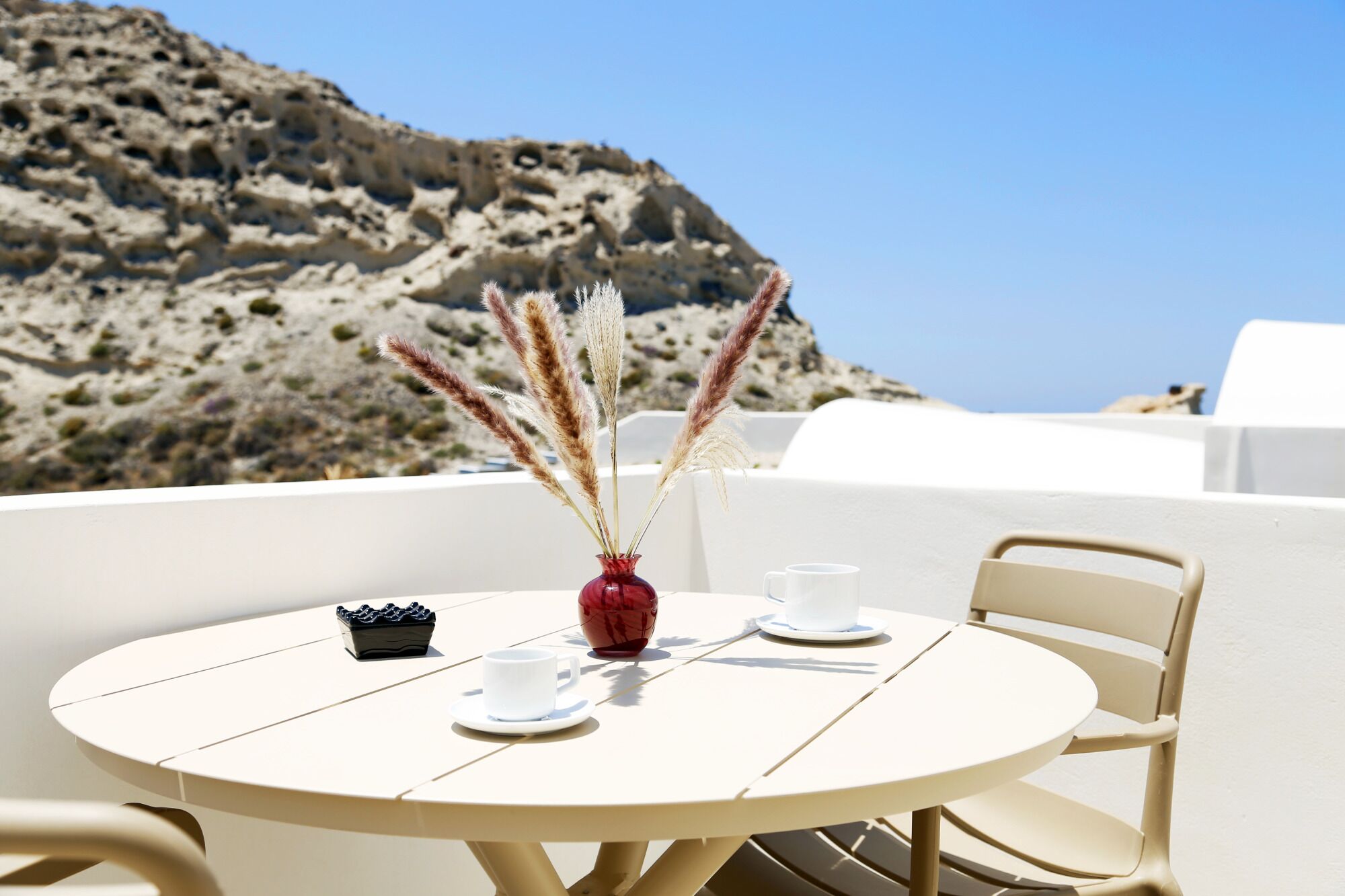 A round table with a vase of pampas grass, a white cup, and saucer, and a small black tray with items, set against a mountainous backdrop.
