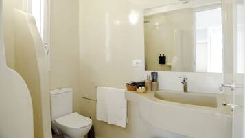 A bathroom with a toilet, sink, and mirror.