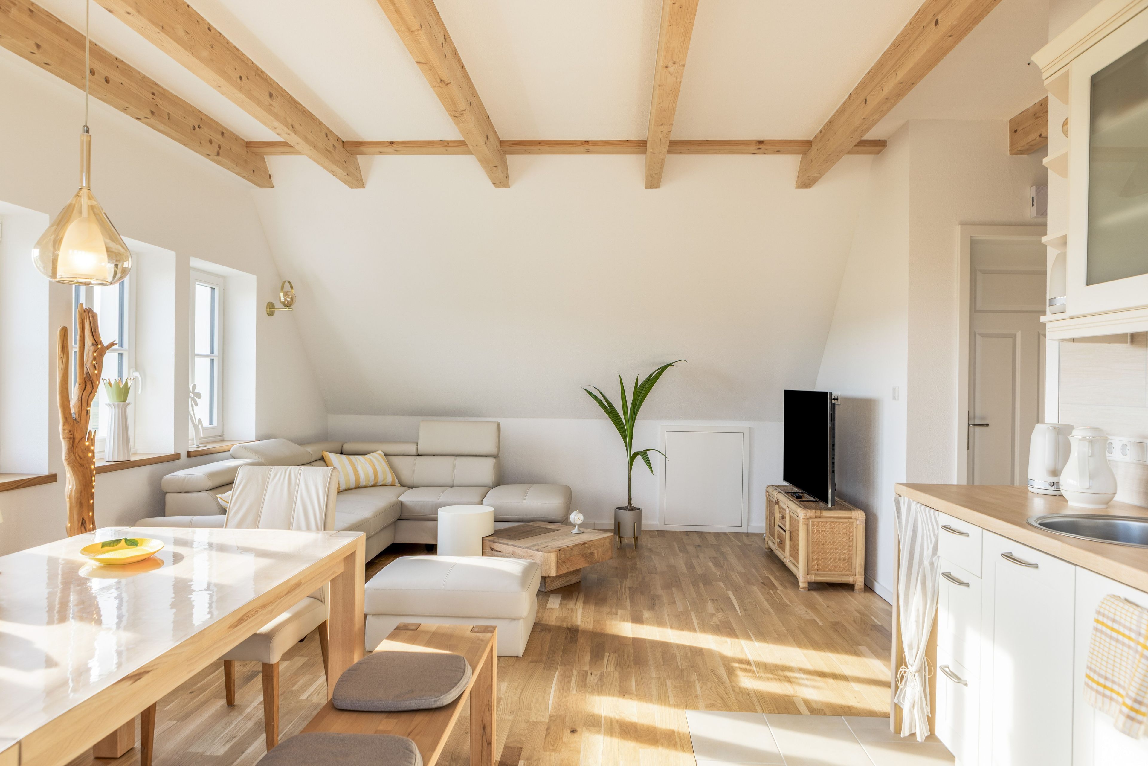 Een moderne woonkamer met een bank, een eettafel en een keukenhoek.