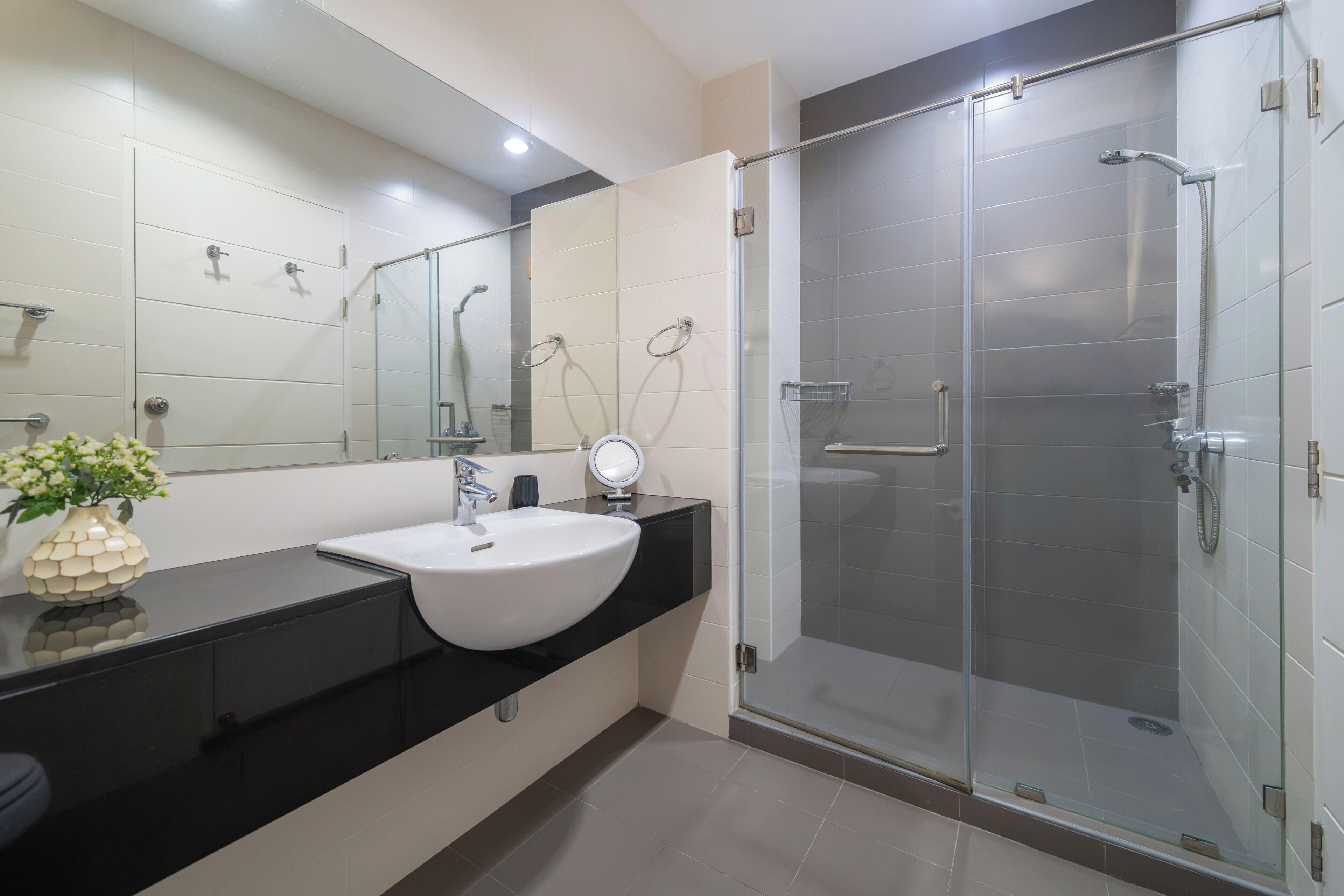 A modern bathroom with a glass-enclosed shower, a white sink, and a large mirror.